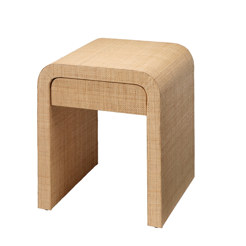 Pemberly Row Raffia and Engineered Wood Side Table with Drawer in Natural