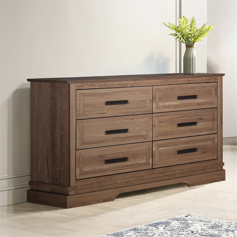 Pemberly Row Wood 6-Drawer Dresser in Pecan