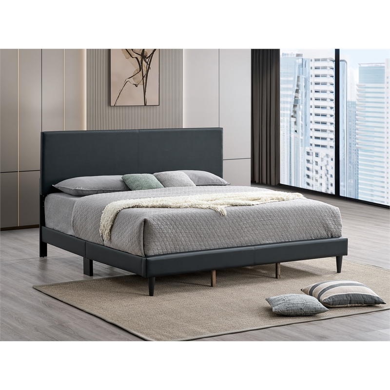 Pemberly Row King Platform Bed in Faux Leather Black with Adjustable Headboard