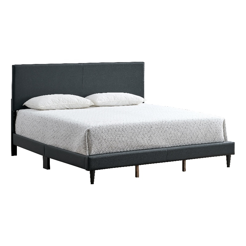 Pemberly Row King Platform Bed in Faux Leather Black with Adjustable Headboard