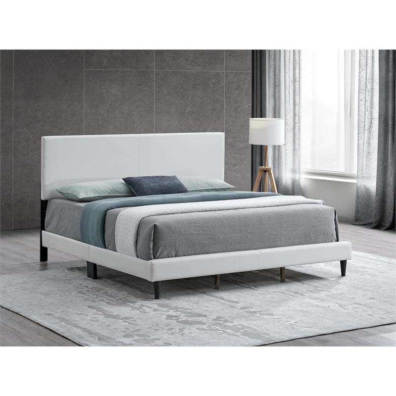 Pemberly Row King Platform Bed in Faux Leather White with Adjustable Headboard