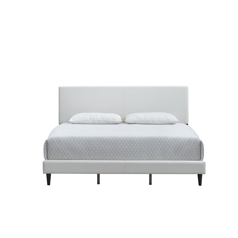 Pemberly Row King Platform Bed in Faux Leather White with Adjustable Headboard