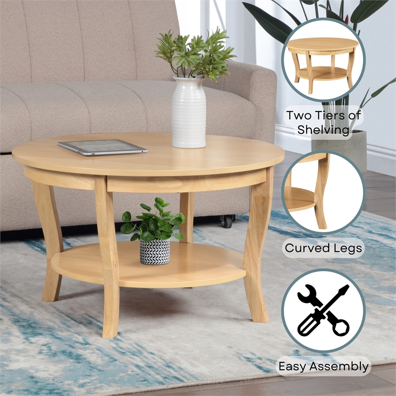 Pemberly Row Round Coffee Table with Shelf in Beige Wood Finish