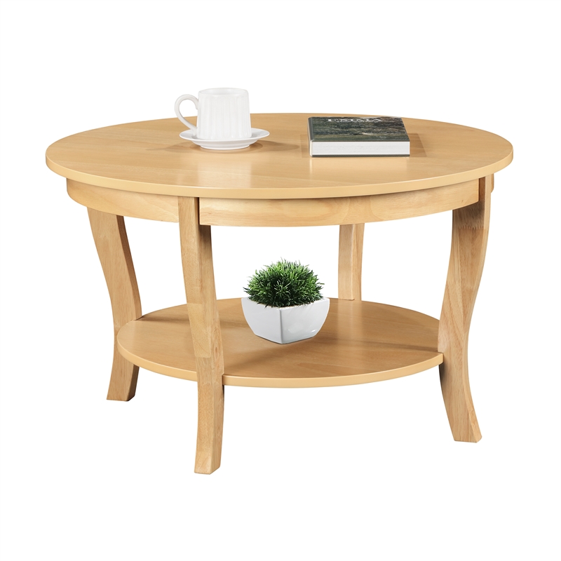 Pemberly Row Round Coffee Table with Shelf in Beige Wood Finish