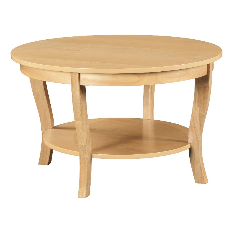 Pemberly Row Round Coffee Table with Shelf in Beige Wood Finish