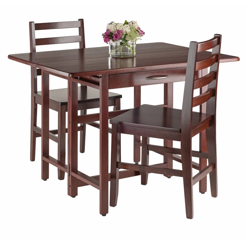 Pemberly Row 3-Piece Drop Leaf Solid Wood Dining Set in Walnut Finish