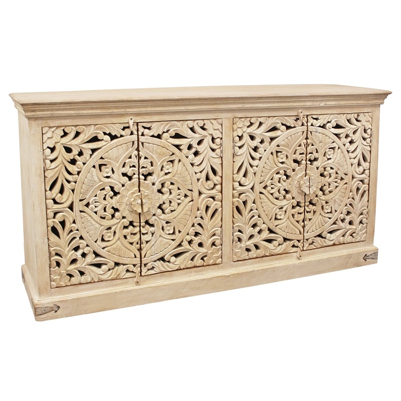 Pemberly Row 4-Door Sideboard in Distressed White Mango Wood Finish