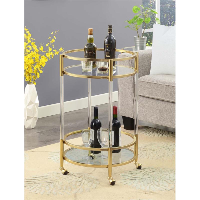 Pemberly Row Two-Tier Acrylic Round Bar Cart with Gold Chrome Frame
