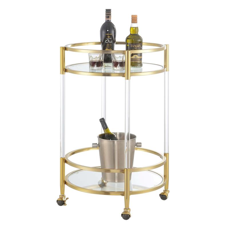 Pemberly Row Two-Tier Acrylic Round Bar Cart with Gold Chrome Frame