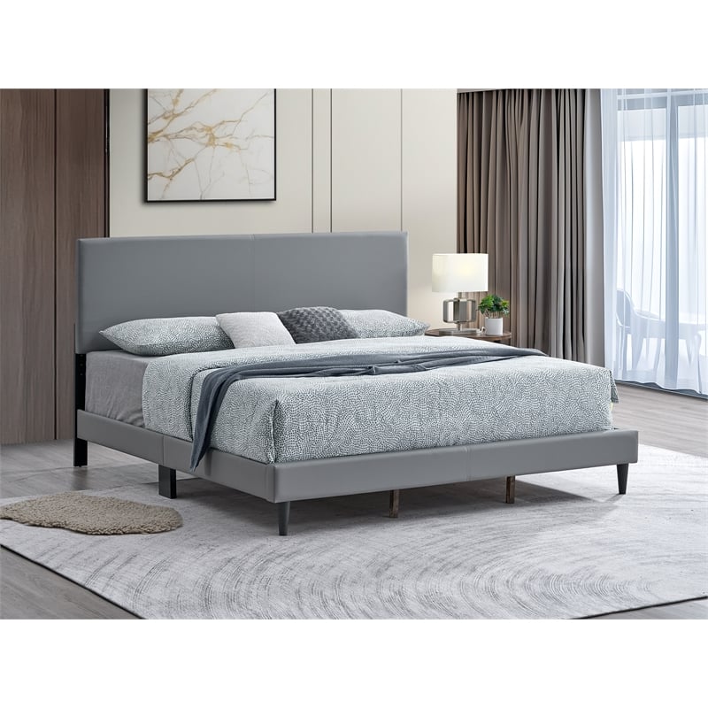 Pemberly Row Modern Faux Leather King Platform Bed in Grey
