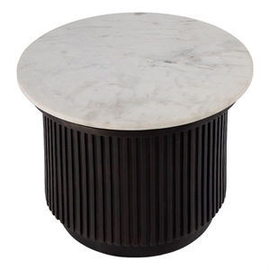 Pemberly Row 22&quot Round Marble Side Table with Mango Wood Base in Brown