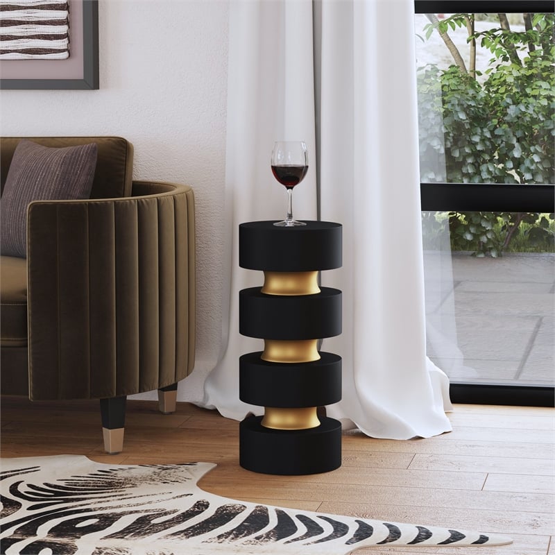 Pemberly Row Zola Round Mango Wood and Iron Side Table with Gold Trim