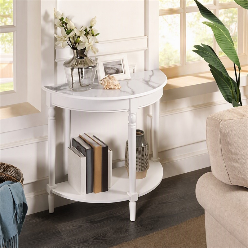 pemberly row half-round entryway table with shelf in white finish