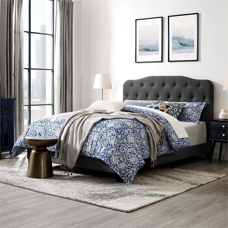 Pemberly Row Full Upholstered Bed with Button-Tufted Headboard in Gray