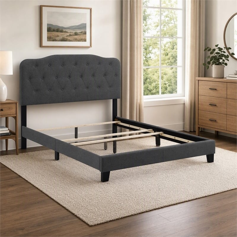 Pemberly Row Full Upholstered Bed with Button-Tufted Headboard in Gray