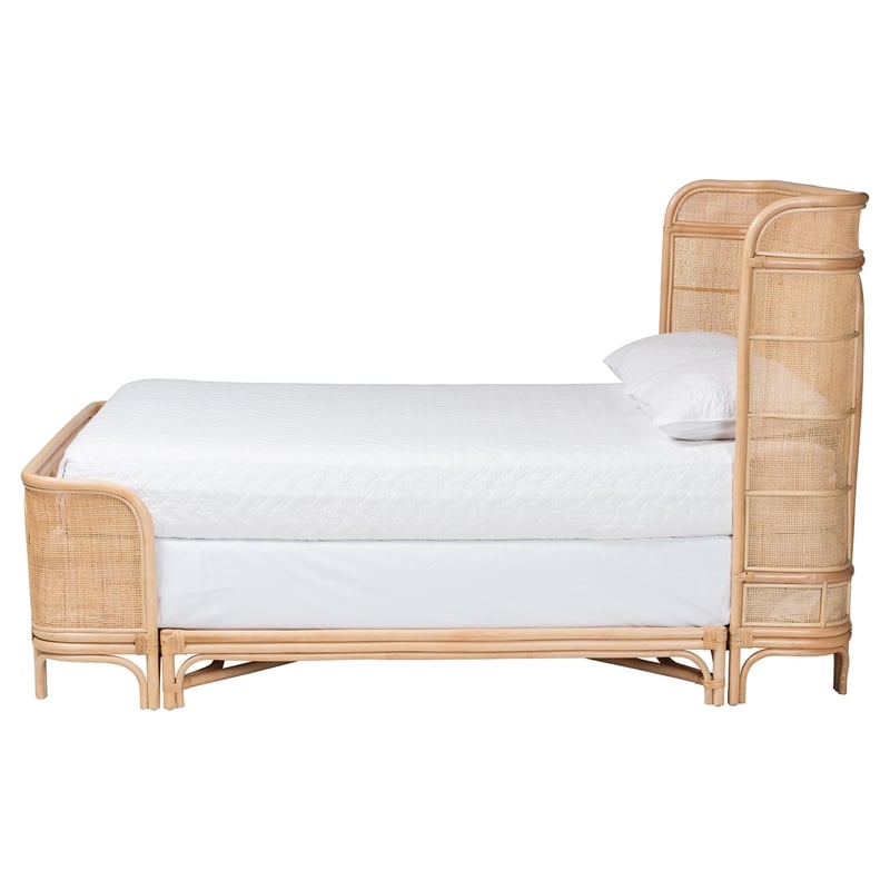 Pemberly Row Natural Rattan Queen Bed Frame with Handwoven Wicker Headboard