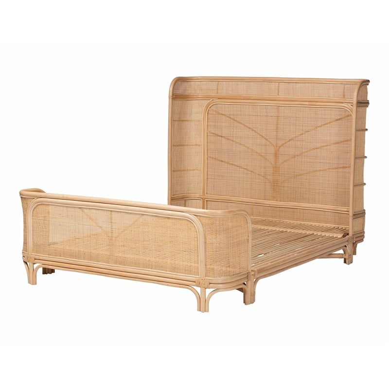 Pemberly Row Natural Rattan Queen Bed Frame with Handwoven Wicker Headboard