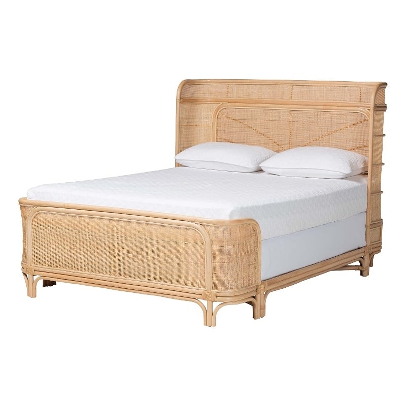 Pemberly Row Natural Rattan Queen Bed Frame with Handwoven Wicker Headboard
