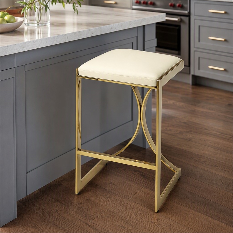 Pemberly Row 24 in Faux Leather Backless Counter Stool in Ivory/Gold