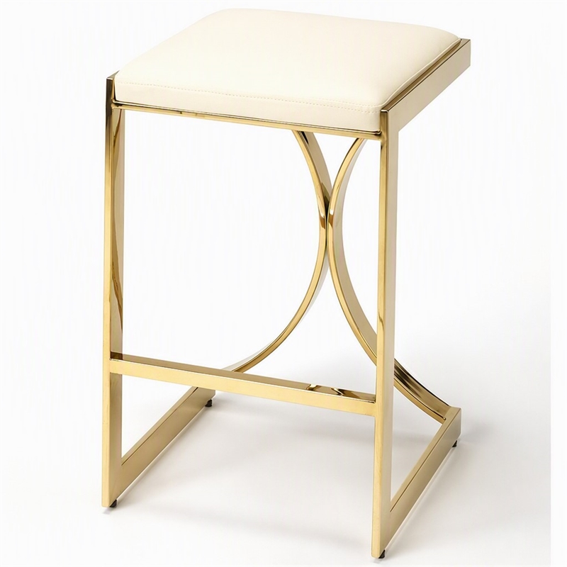 Pemberly Row 24 in Faux Leather Backless Counter Stool in Ivory/Gold