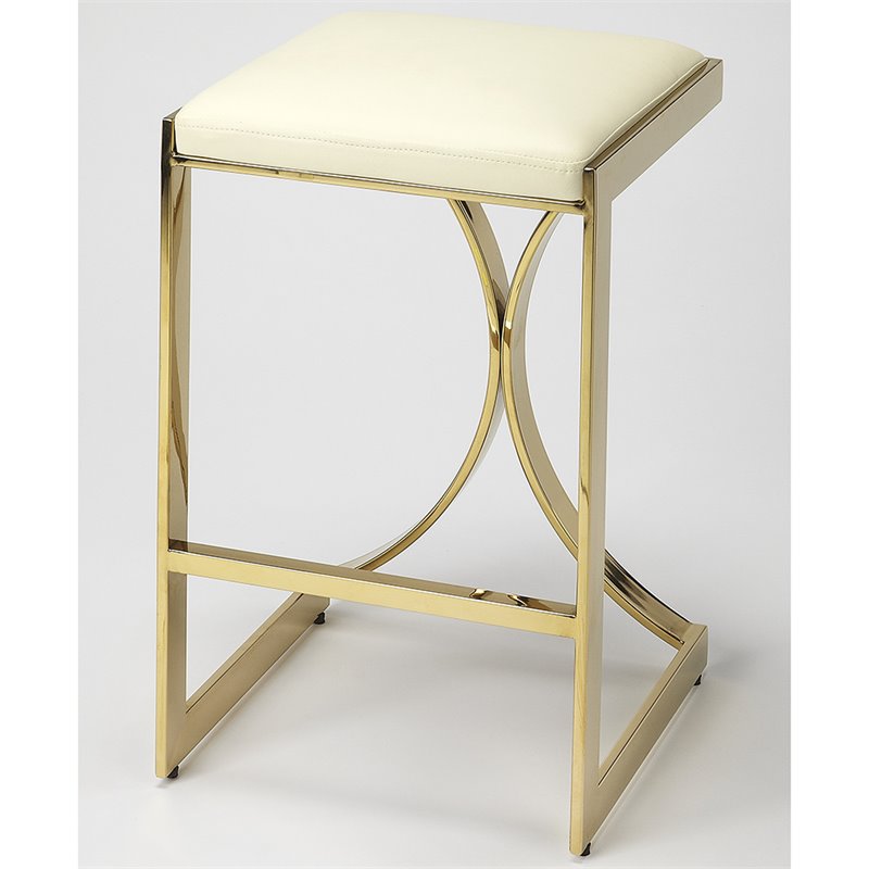 Pemberly Row 24 in Faux Leather Backless Counter Stool in Ivory/Gold