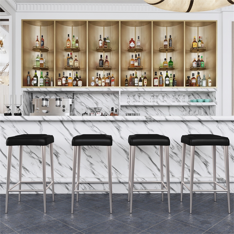 Pemberly Row Backless Bar Stool in Black Leather with Metal Frame