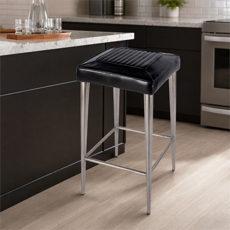 Pemberly Row Backless Bar Stool in Black Leather with Metal Frame