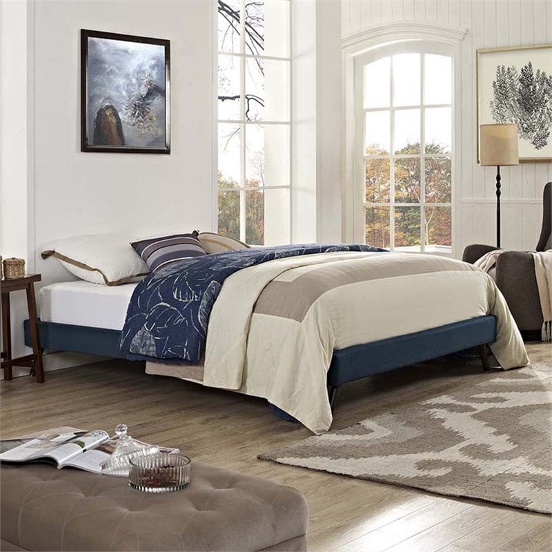 Pemberly Row Queen Fabric Bed Frame with Splayed Wood Legs in Azure