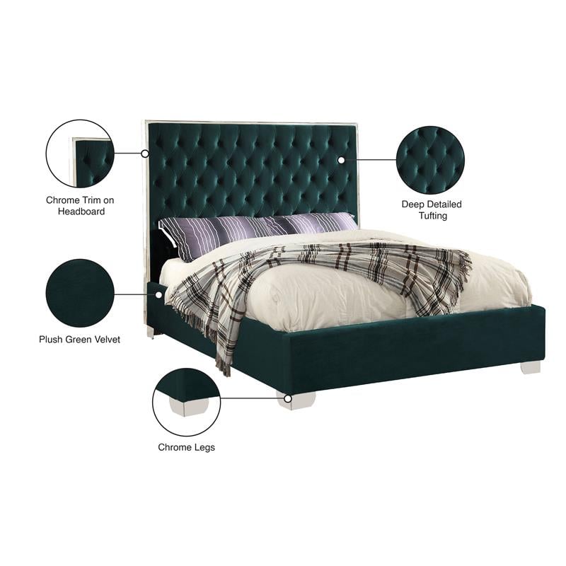 Pemberly Row King-Sized Bed in Green Velvet Upholstery with Chrome Legs