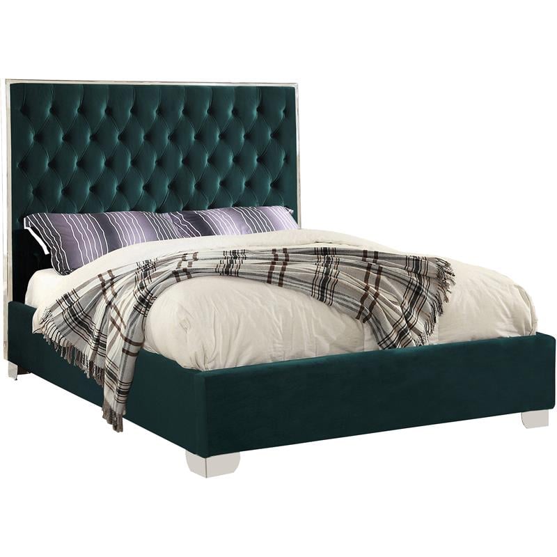 Pemberly Row King-Sized Bed in Green Velvet Upholstery with Chrome Legs
