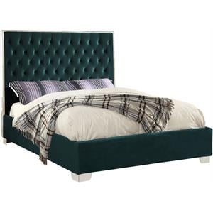 Pemberly Row King-Sized Bed in Green Velvet Upholstery with Chrome Legs