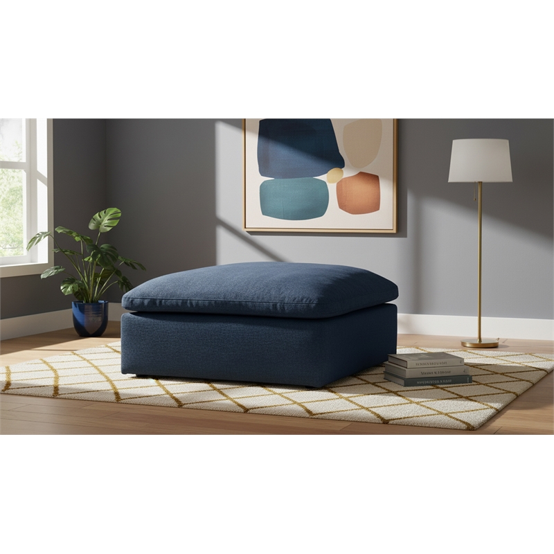 Pemberly Row Navy Linen Fabric Ottoman with Wood Frame and Modular Design