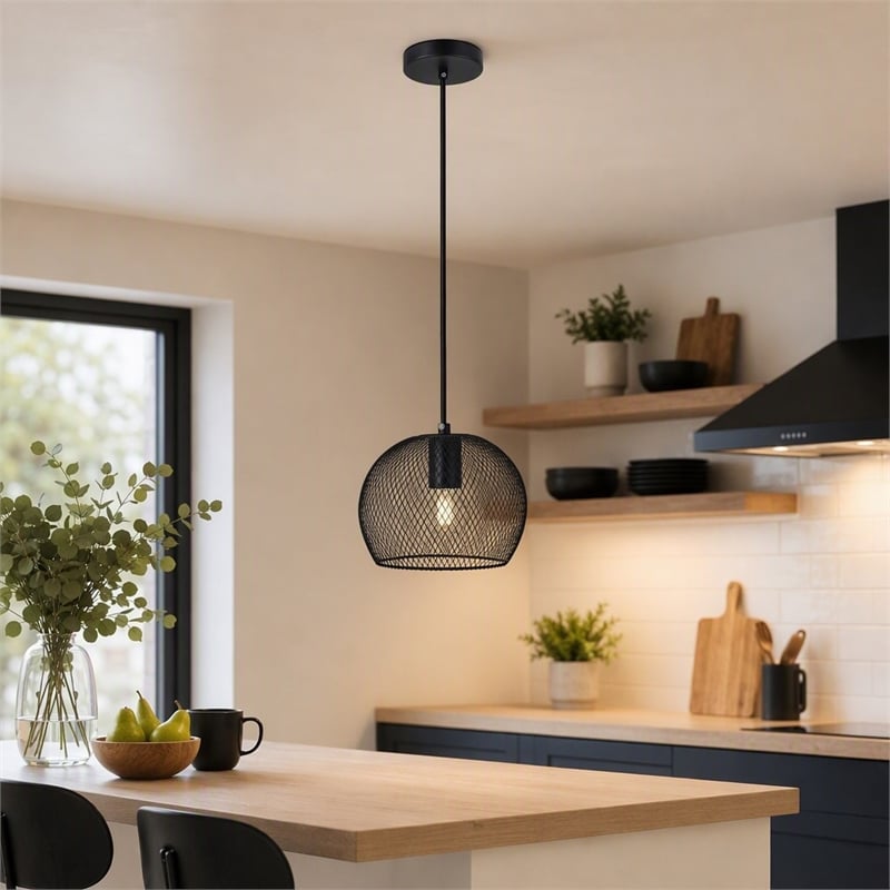 Pemberly Row Keller 1-Light Black Metal Pendant Lamp with Canopy