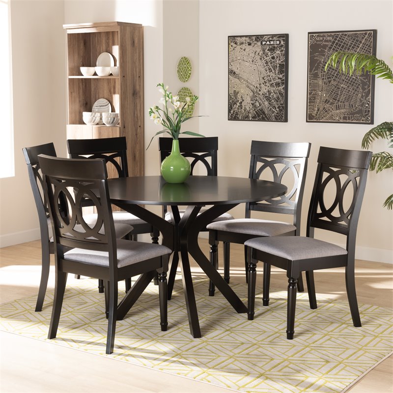 Pemberly Row Grey Fabric 7-Piece Dining Set with Dark Brown Wood Finish