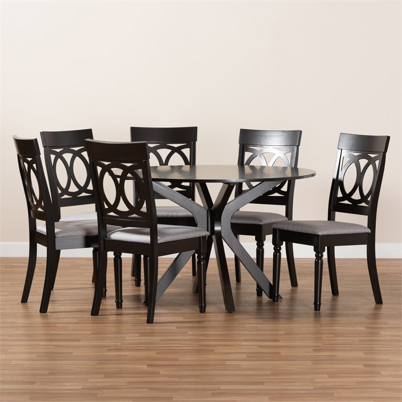 Pemberly Row Grey Fabric 7-Piece Dining Set with Dark Brown Wood Finish