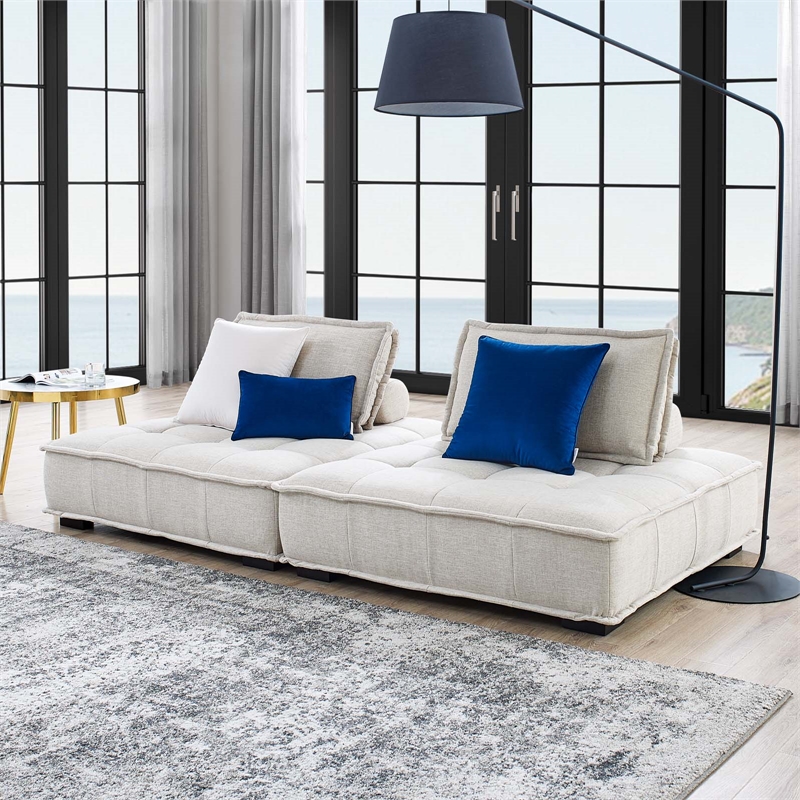 Pemberly Row 2-Piece Tufted Fabric Loveseat in Beige Upholstery