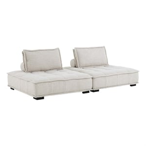 Pemberly Row 2-Piece Tufted Fabric Loveseat in Beige Upholstery