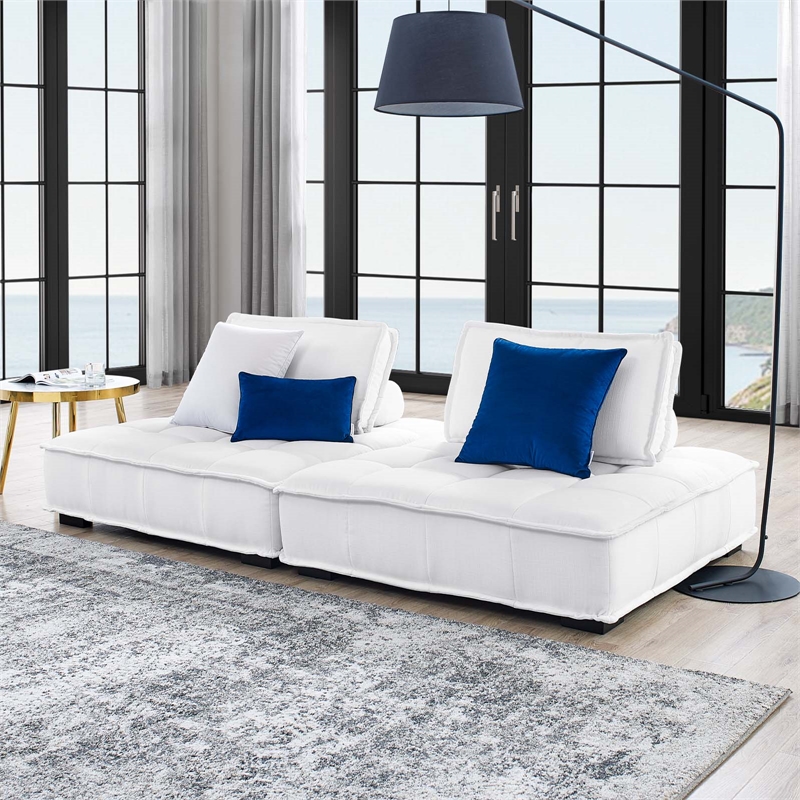 Pemberly Row 2-Piece Tufted Fabric Loveseat in White Upholstery