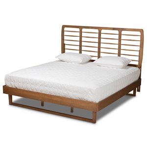 Pemberly Row King Platform Bed with Spindle Headboard in Walnut Brown Wood