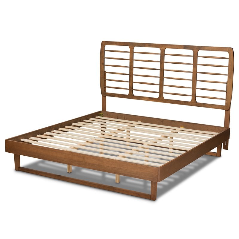 Pemberly Row King Platform Bed with Spindle Headboard in Walnut Brown Wood