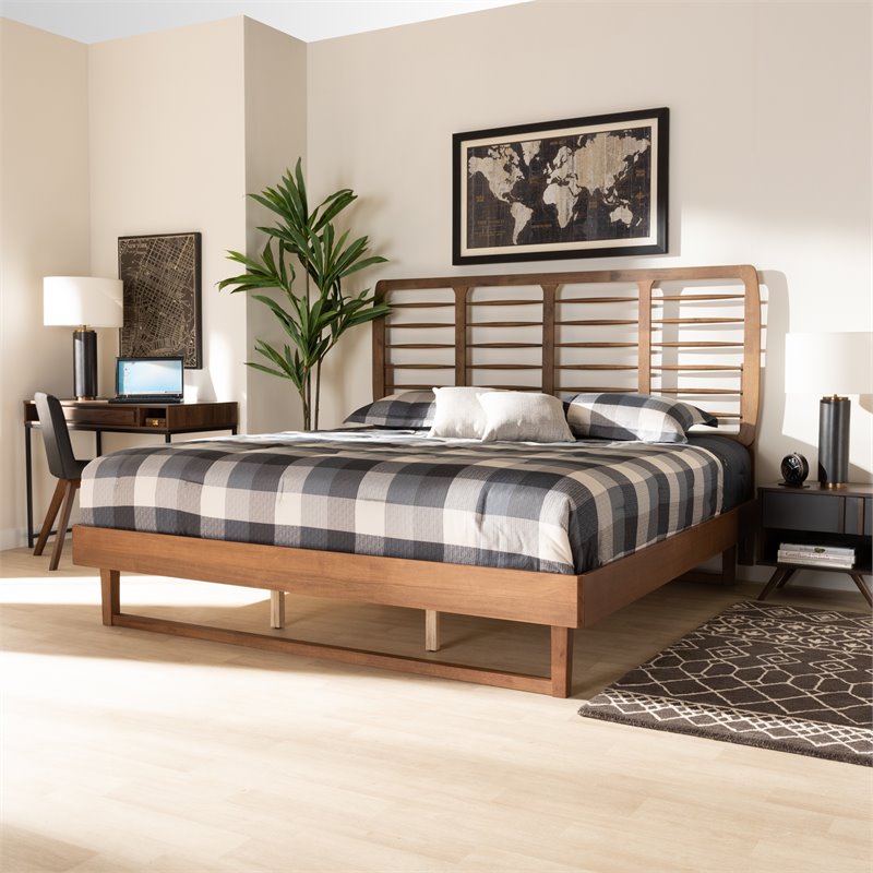 Pemberly Row King Platform Bed with Spindle Headboard in Walnut Brown Wood