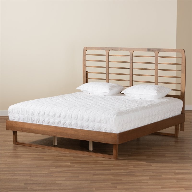 Pemberly Row King Platform Bed with Spindle Headboard in Walnut Brown Wood