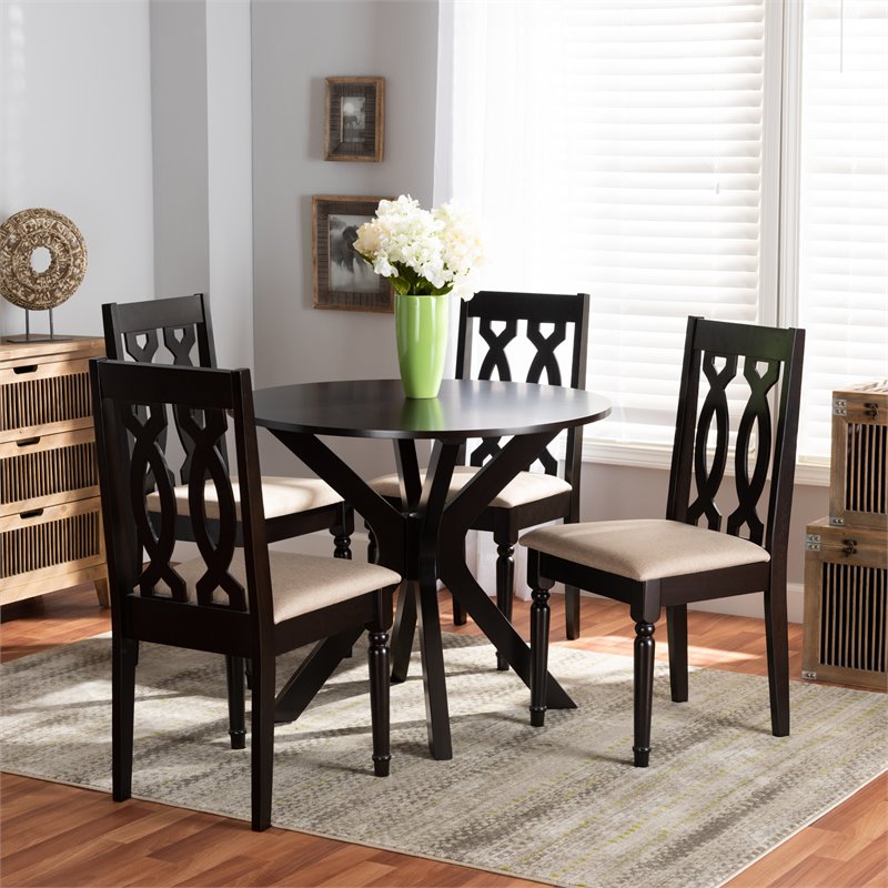 Pemberly Row Sand Fabric and Wood 5-Piece Dining Set in Dark Brown Finish