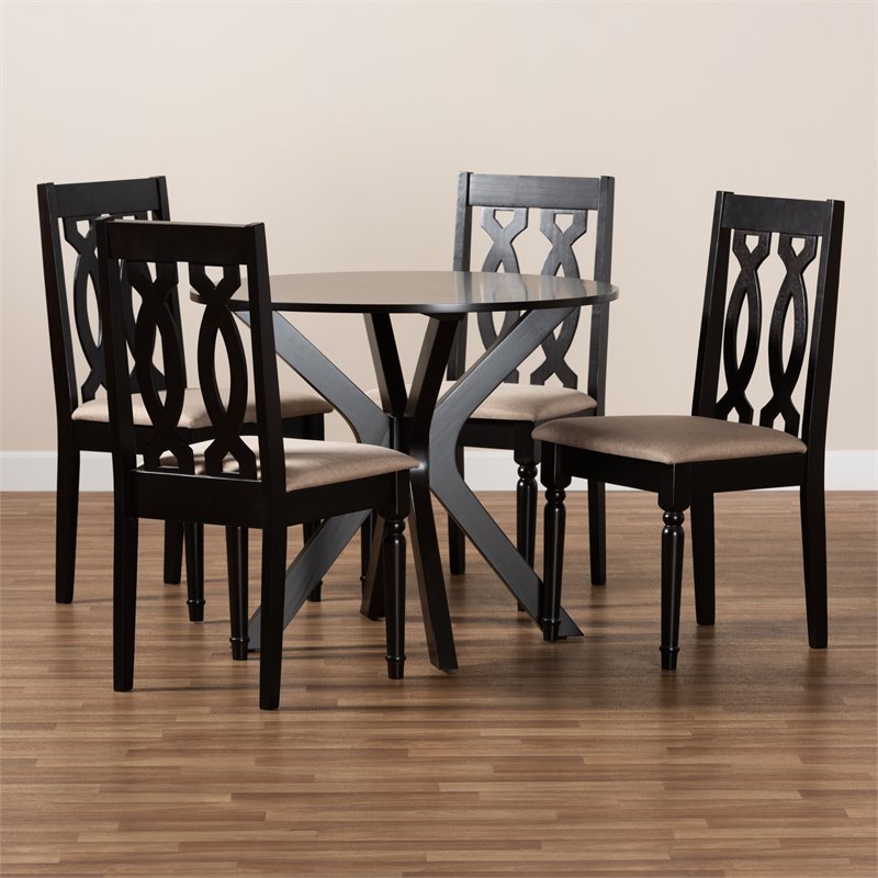 Pemberly Row Sand Fabric and Wood 5-Piece Dining Set in Dark Brown Finish