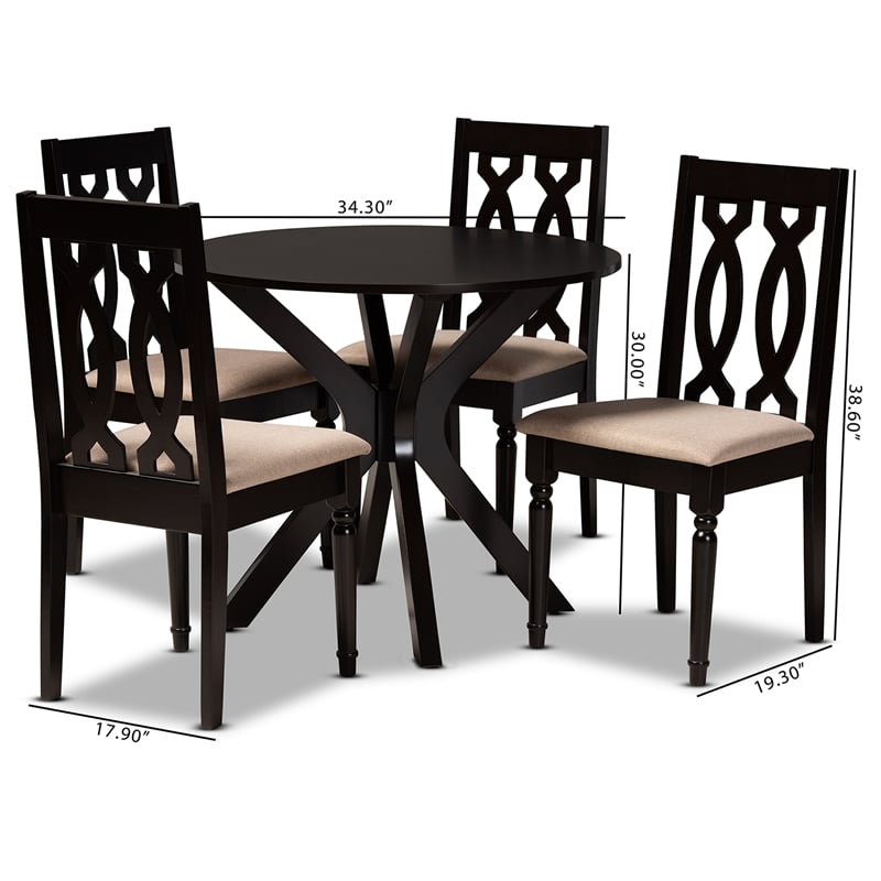 Pemberly Row Sand Fabric and Wood 5-Piece Dining Set in Dark Brown Finish