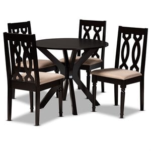 Pemberly Row Sand Fabric and Wood 5-Piece Dining Set in Dark Brown Finish