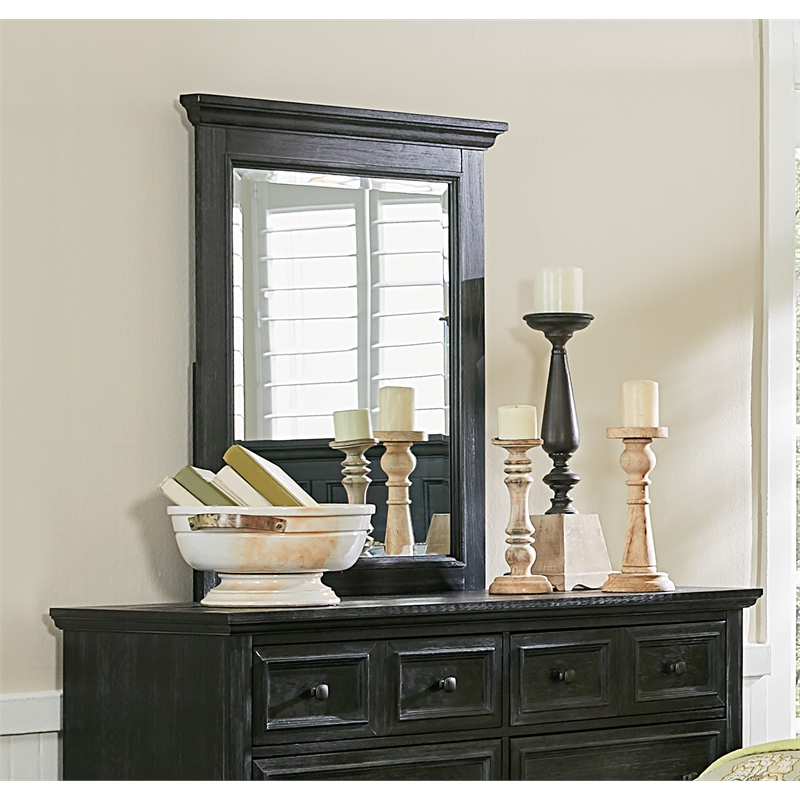 Pemberly Row Farmhouse Mirror in Solid Wood and Rustic Black Finish