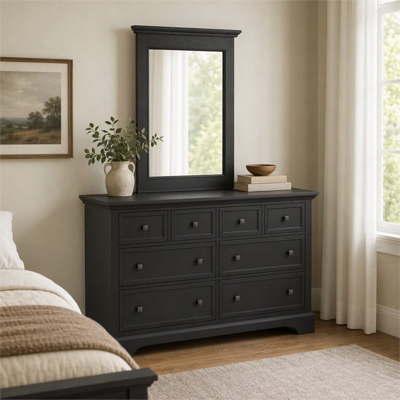 Pemberly Row Farmhouse Mirror in Solid Wood and Rustic Black Finish