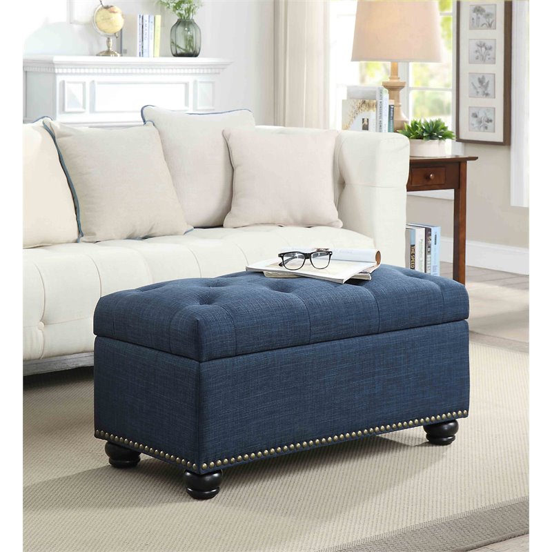Pemberly Row Storage Ottoman with Nailhead Trim in Blue Fabric