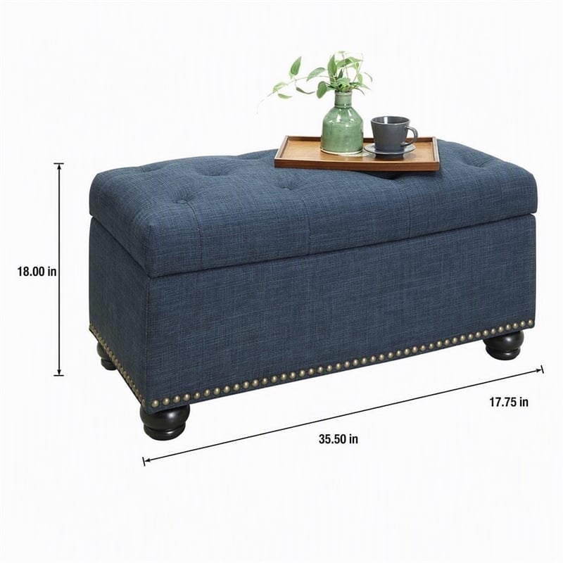 Pemberly Row Storage Ottoman with Nailhead Trim in Blue Fabric